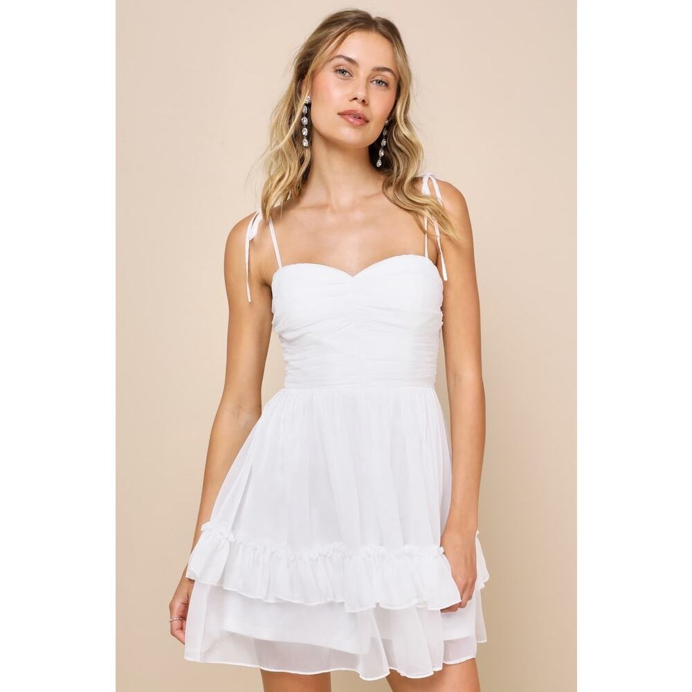 NWT Lulus Angelic Approach White Chiffon Ruffled Tie-Strap Mini Dress Party Sz L
